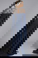 elegant gown with beaded illusion back and long draped sleeves