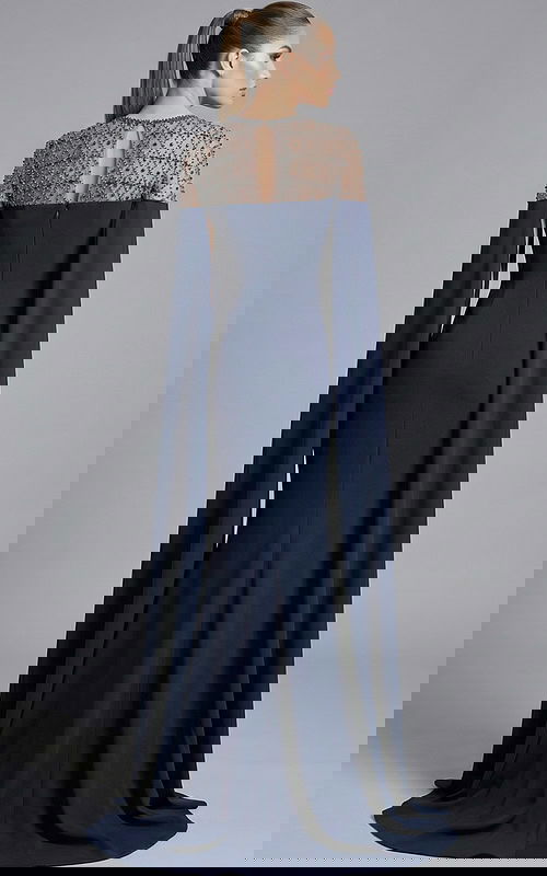 elegant gown with beaded illusion back and long draped sleeves