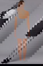 Back view of a fitted one shoulder mini dress with clean straight back