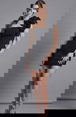 Front view of a fitted one shoulder mini dress with sculpted floral accent