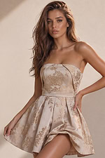 straight neckline Gold Floral Jacquard Dress