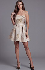 strapless evening gown with embellished fabric and long silhouette
