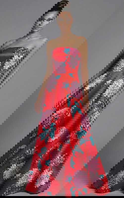 Strapless floral evening gown with fitted bodice and flowing A line skirt