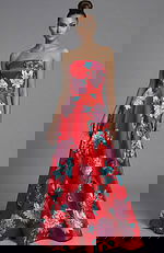 Strapless floral evening gown with fitted bodice and flowing A line skirt