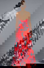 Strapless floral evening gown with full length skirt and clean open back