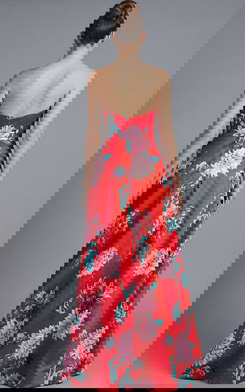 Strapless floral evening gown with full length skirt and clean open back