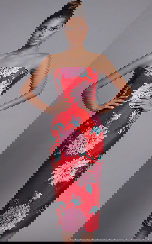 strapless red multi floral sheath dress 46564