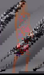 Strapless floral midi dress with a fitted silhouette and vibrant rose print on a dark base