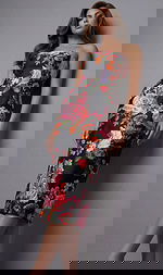 Strapless fitted midi dress featuring a bold floral print with roses and a clean, tailored silhouette