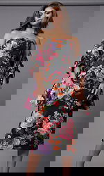 Strapless floral dress with fitted bodice, midi length skirt, and matching draped sleeves in a bold botanical print