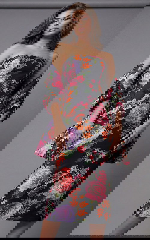 Strapless floral dress with fitted bodice, midi length skirt, and matching draped sleeves in a bold botanical print