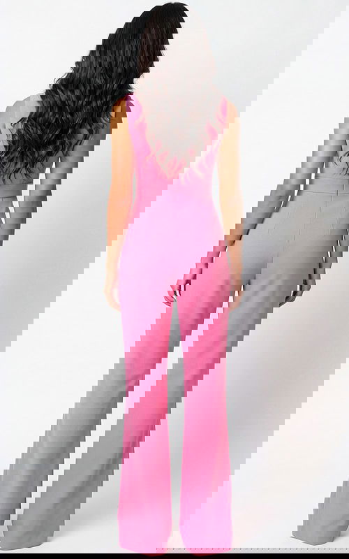 Back view of fitted jumpsuit with clean lines and wide leg silhouette