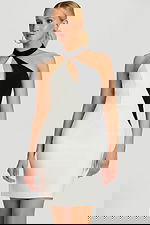 Front View Of Two-Tone Mini Dress With Side Cutout And High Neck Strap