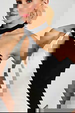 Close-Up Of Black And White Halter Dress With Keyhole Neckline And Seam Detail