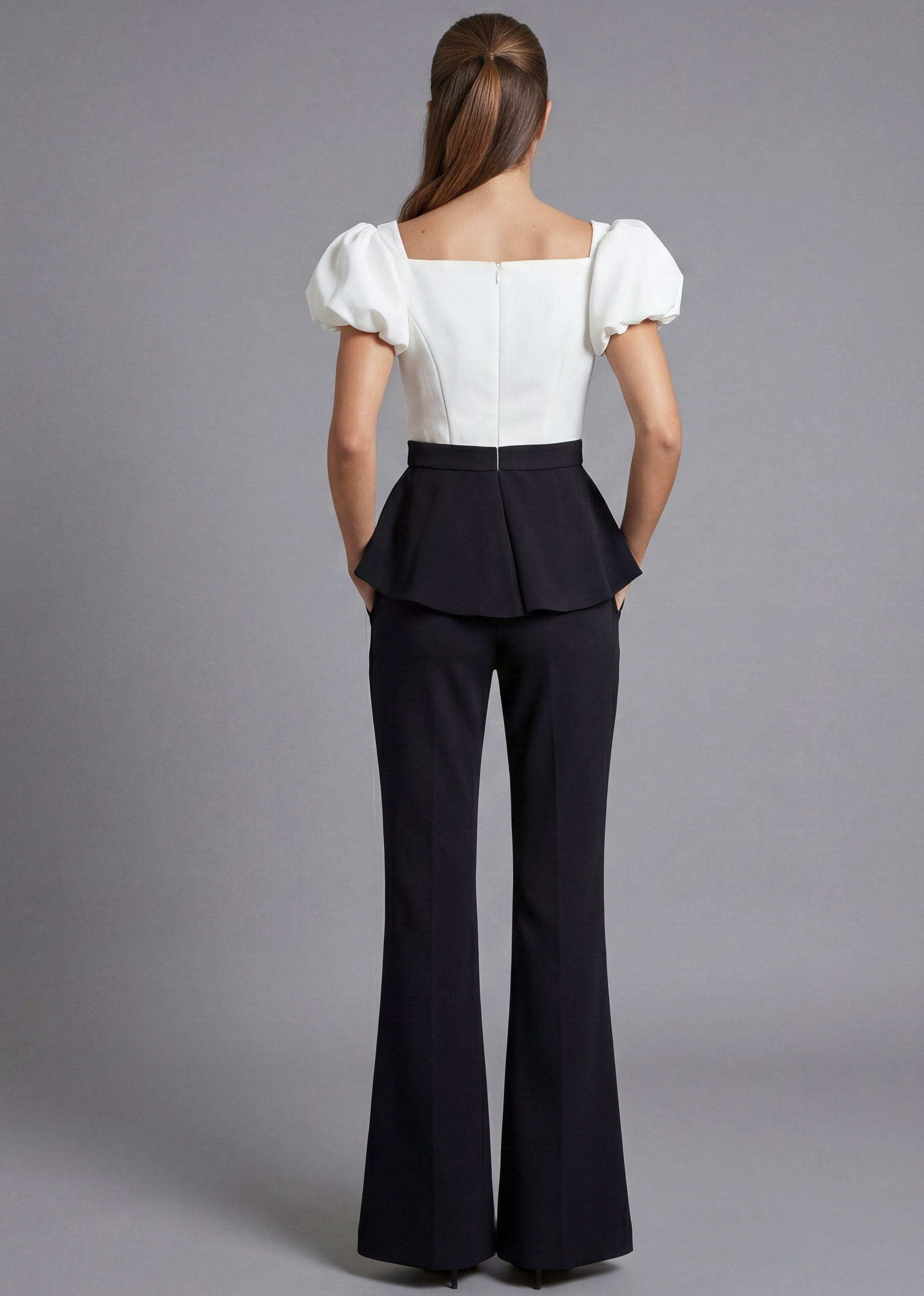 Puff Sleeve Peplum Top with Fitted Flared Pants Set 46613 | Jovani