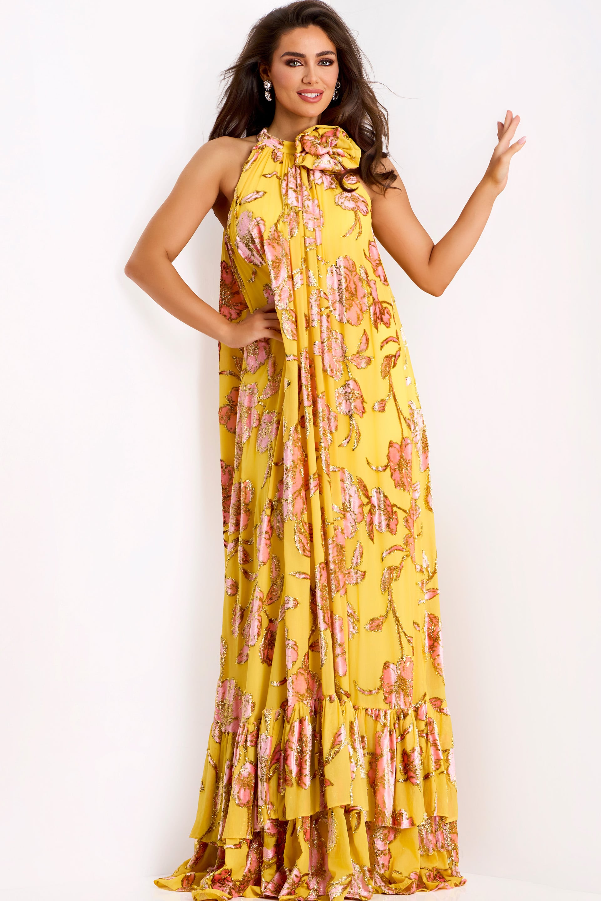 46639_PRINT_1554 Flowy Yellow Gown With Sequin Flowers