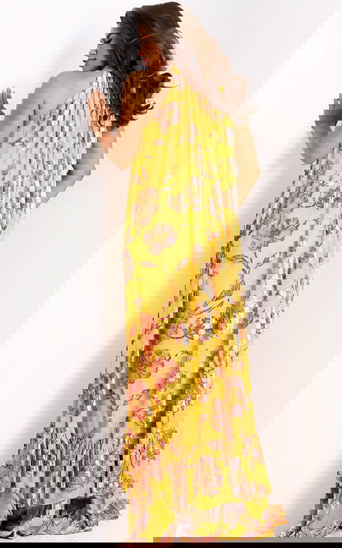 Yellow Floral Halter Dress With Ruffles