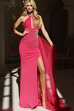 Halter gown with jeweled neckline, ruched waist, and flowing chiffon overlay