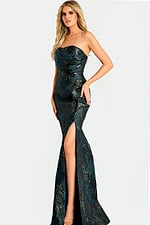 Strapless metallic gown with a fitted silhouette, thigh-high slit, and textured shimmer fabric creating a sculpted, elegant look.