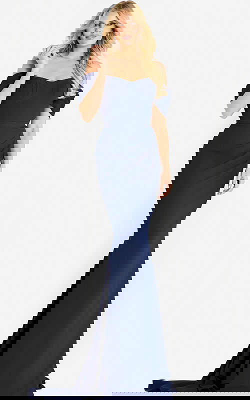 Off the shoulder fitted gown featuring a sweetheart neckline, ruched waist detail, and elegant floor length mermaid skirt with a small train.
