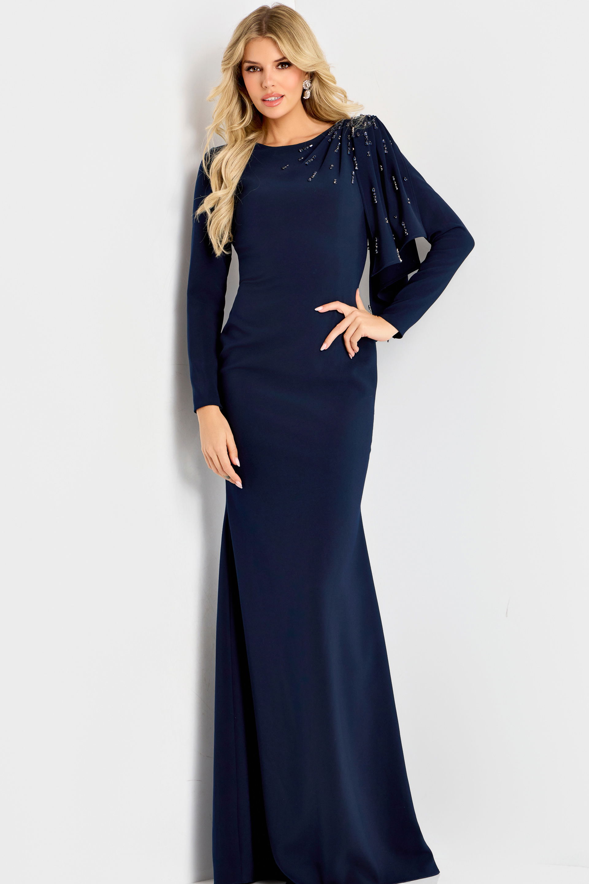 46738_BLUE_1229 Long sleeve formal gown with asymmetrical draped shoulder accent