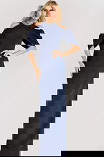 Navy cold shoulder gown with draped cape sleeves and a beaded neckline, tailored in a sleek column silhouette for a refined formal look.