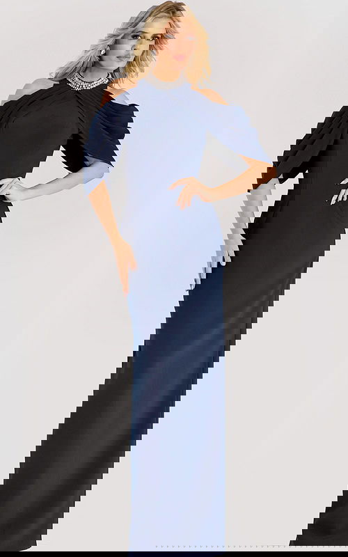 Navy cold shoulder gown with draped cape sleeves and a beaded neckline, tailored in a sleek column silhouette for a refined formal look.