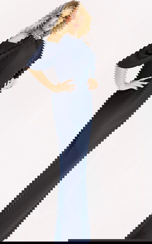 Cold shoulder gown with draped sleeves and jeweled neckline, designed in a sleek fitted silhouette for an elegant and timeless evening look.