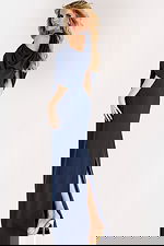 Cold shoulder gown with draped chiffon sleeves, high slit, and jeweled halter neckline for an elegant formal look.