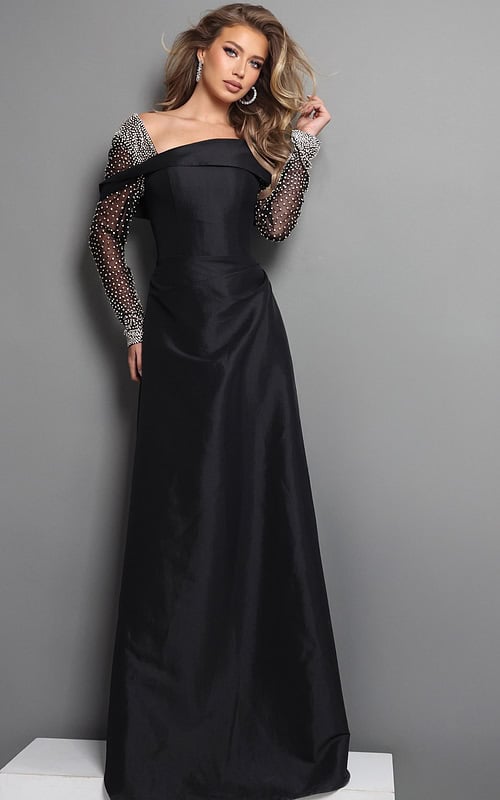 black a line long dress with off shoulder long sleeve beaded