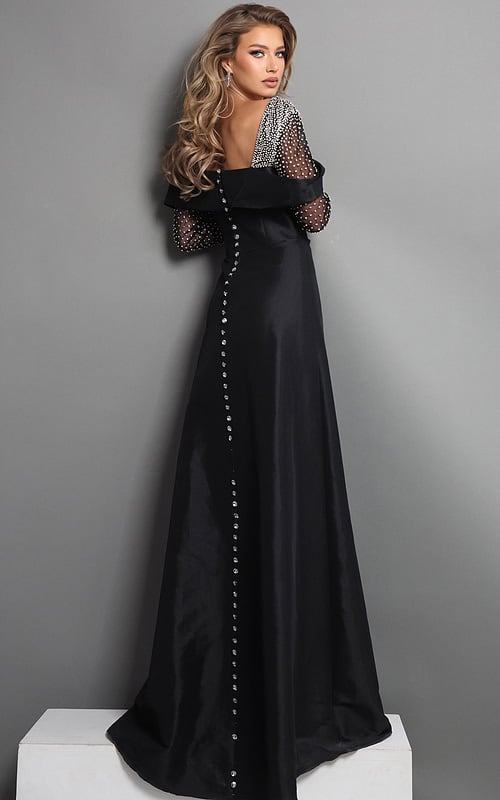 black a line long dress with off shoulder long sleeve beaded