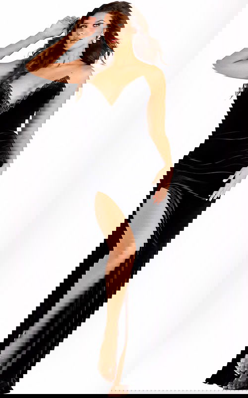 Backless black velvet gown with sleek silhouette and soft drape