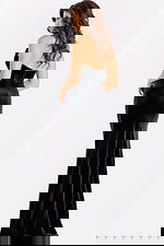 Strapless black velvet gown with plunging neckline and crystal trim