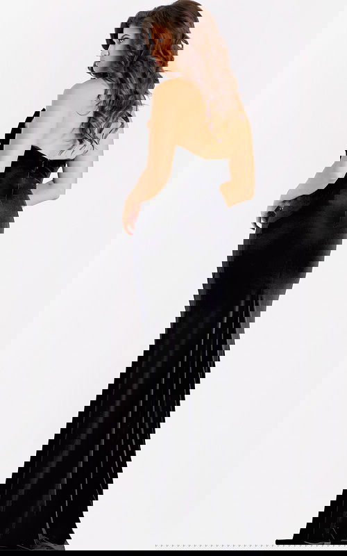 Strapless black velvet gown with plunging neckline and crystal trim