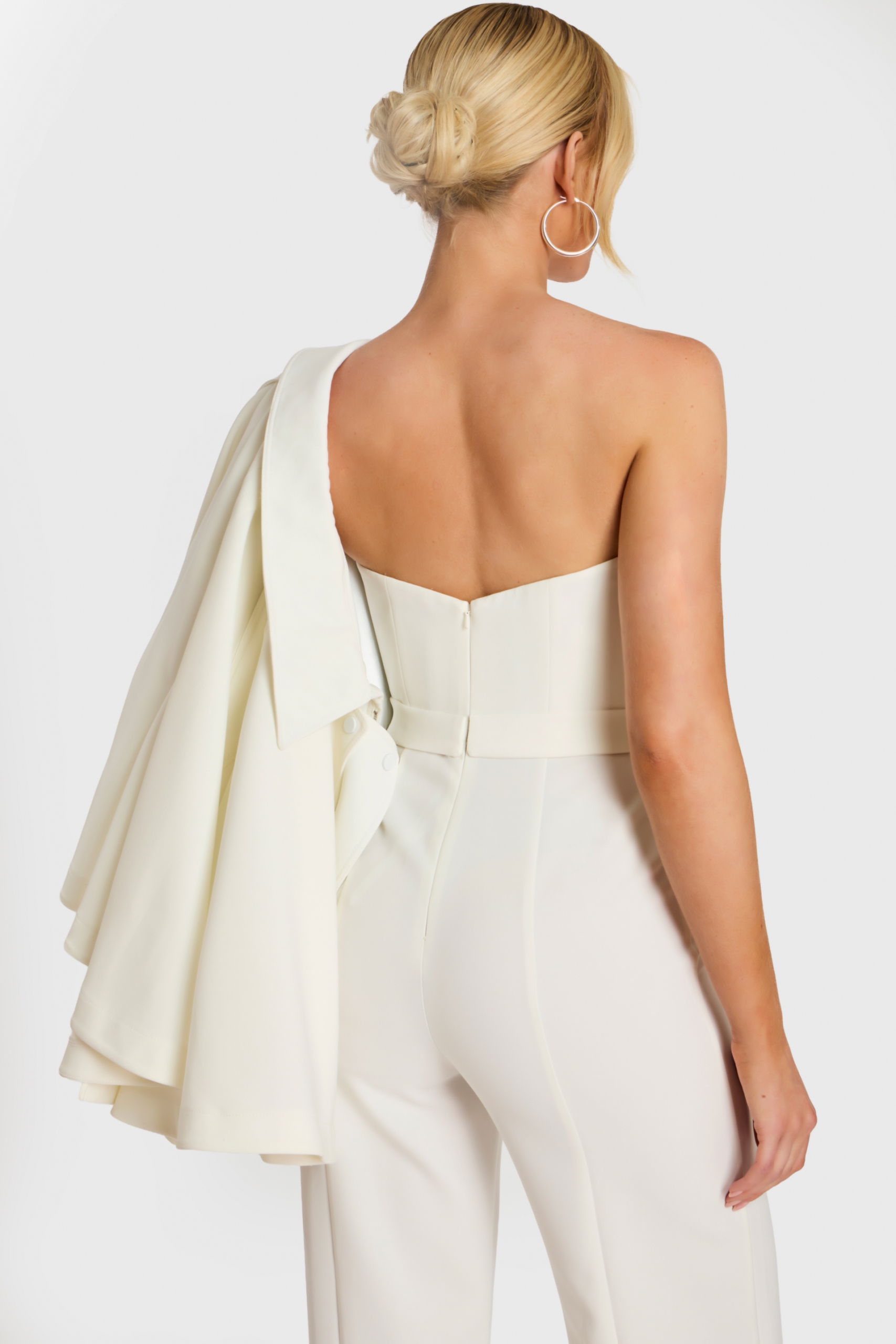 White Jumpsuit with V-Notch Neckline and Cape 46781 Jovani