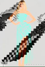 Sleek satin formal gown with structured silhouette and high slit