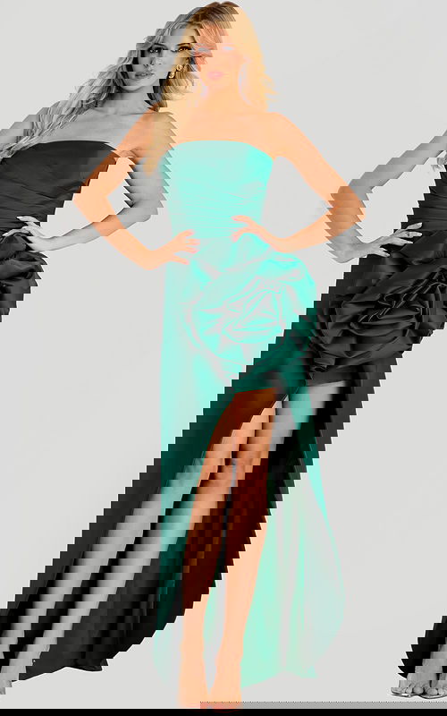 Sleek satin formal gown with structured silhouette and high slit