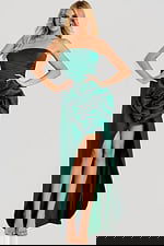 Sleek satin formal gown with structured silhouette and high slit