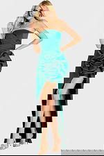 Asymmetrical strapless dress featuring sculpted rose embellishment