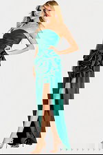 Elegant green high low gown with dramatic side flower detail