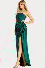 Elegant green high low gown with dramatic side flower detail