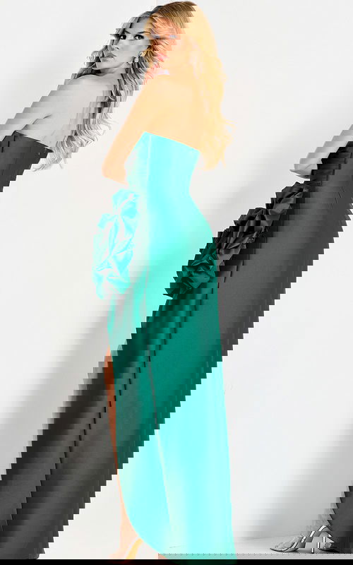 Strapless satin gown with ruched bodice and oversized floral accent