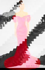 Front view of off shoulder mermaid gown with structured bodice and sculpted sleeves