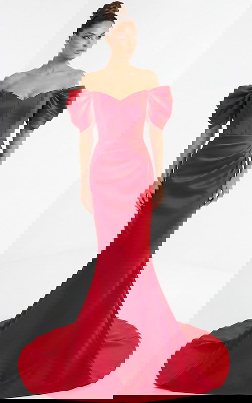 Front view of off shoulder mermaid gown with structured bodice and sculpted sleeves