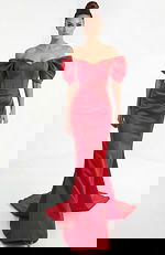 off shoulder mermaid gown with defined waist and elegant flared hem