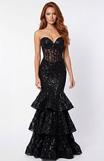 Strapless lace fitted gown with sheer corset and tiered ruffle skirt