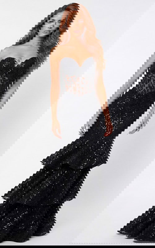 Strapless lace fitted gown with sheer corset and tiered ruffle skirt