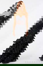 Strapless fitted gown with sweetheart neckline and layered ruffle hem