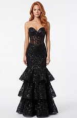 Strapless fitted gown with sweetheart neckline and layered ruffle hem