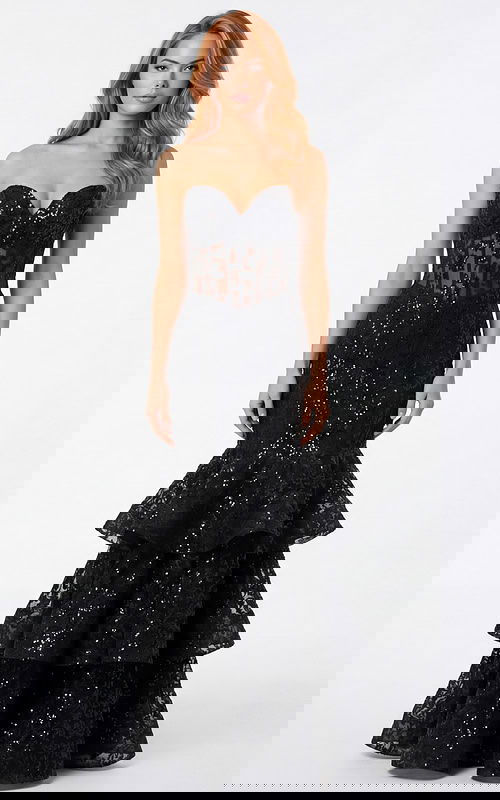 Strapless fitted gown with sweetheart neckline and layered ruffle hem